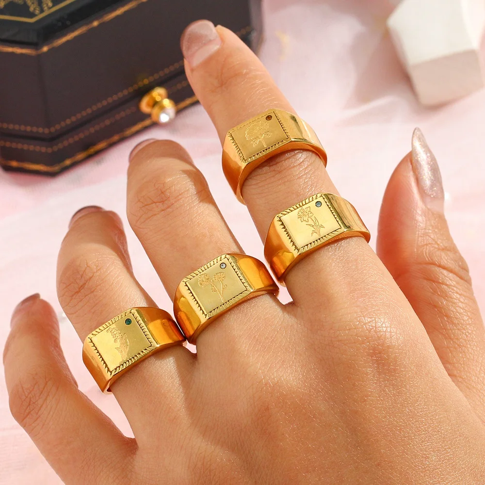 Квадратная гравировка с крупным цирконием позолоченная бижутерия из нержавеющей стали в виде родов и цветов подарок на День святого Валентина для женщин