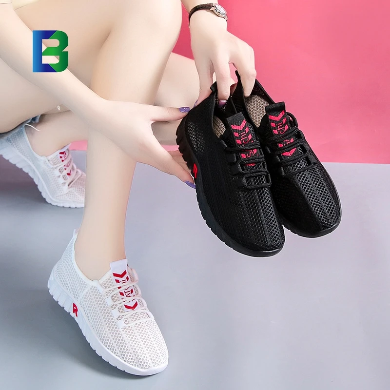 BC China Factory Seller casual shoes lady black mesh sneakers Rope Shoelaces flat shoes women 2021