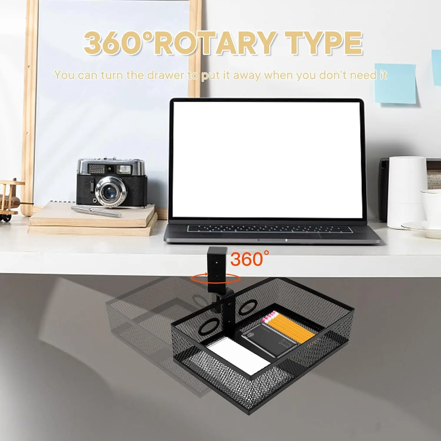 Office Metal Mesh C-Clamp Desk Organizer 360 Rotatable Under Desk Storage Drawers with Cup Holder Organizers and Storage