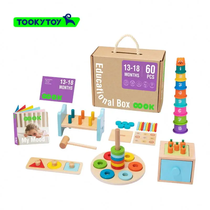 Montessori 3 in 1 wooden toy set shape puzzle Stacking toy building blocks tower 13-18 month hammer beating toys Educational Box