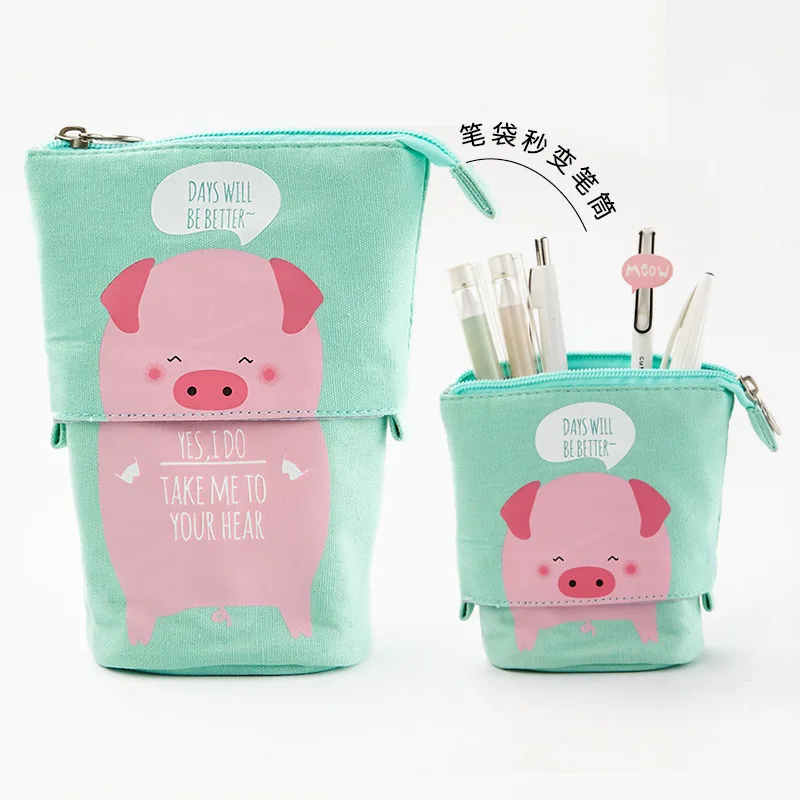 Korean Stationery Cute MultiFunction Retractable Pen Holder Cat Animal Canvas Kawaii Pencil Case Pouch For Girls