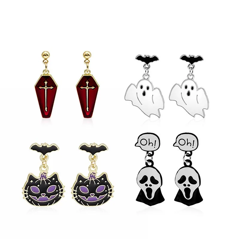 Fashion Retro Halloween Hoop Earrings Trendy Creative Vampire Coffin Cross Ghost Kitten Skull Skeleton Drop Earrings Eardrop