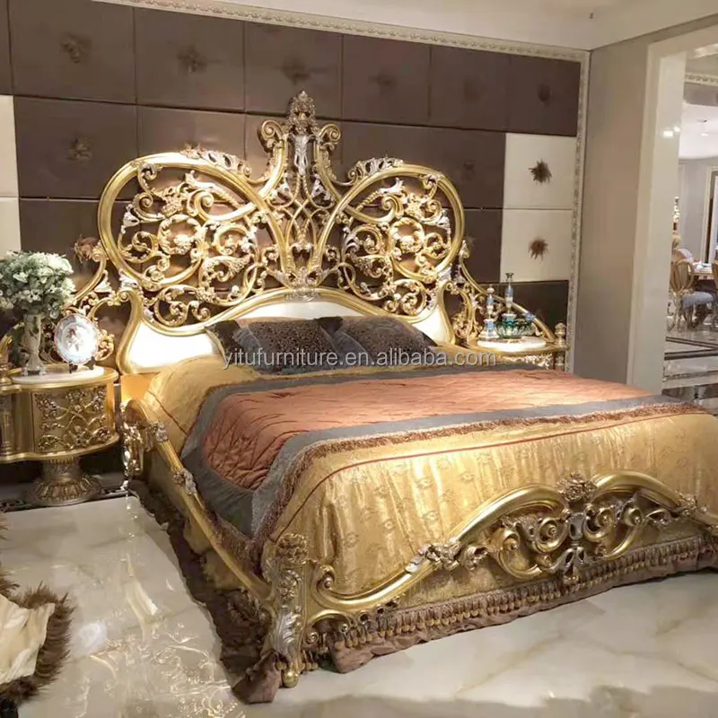 Королевская кровать размера King/Queen, европейские спальные комплекты мебели, роскошный стол в стиле барокко и золотого цвета, резной стол, кровать с рамой из цельного дерева
