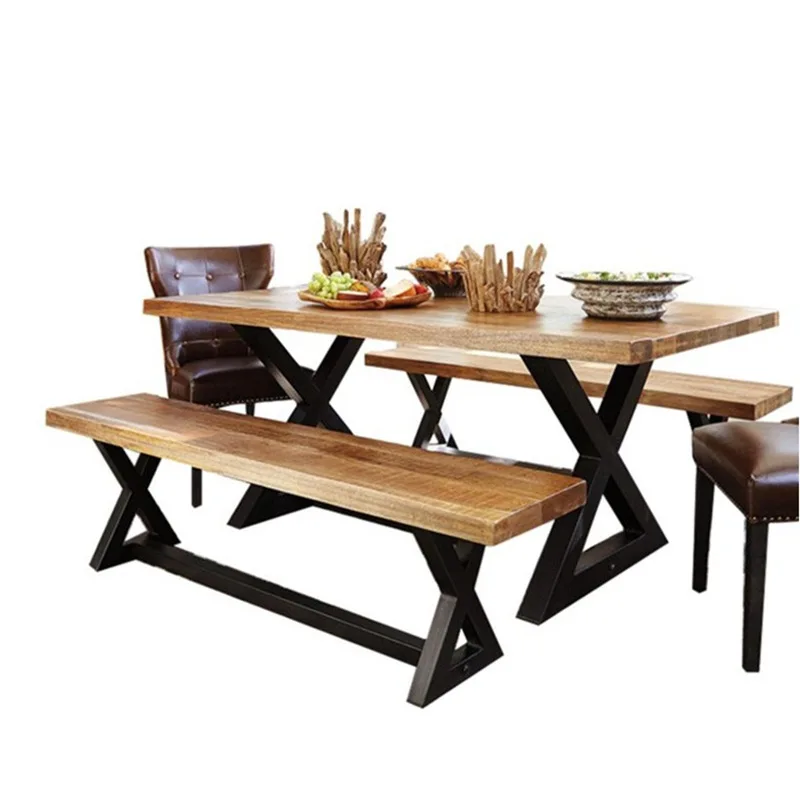 Iron solid wood dining table and chairs rectangular retro commercial light luxury milk tea shop card seat dining table