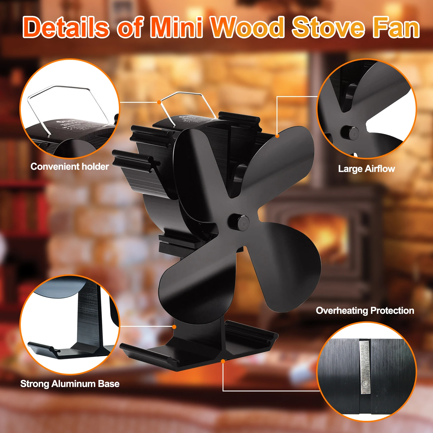 Liank Indoor Home Heater Wood Burning Fireplace 4 Blades Silent Ecofan Heat Powered Exhaust Top Fan For Gas Pellet Stove