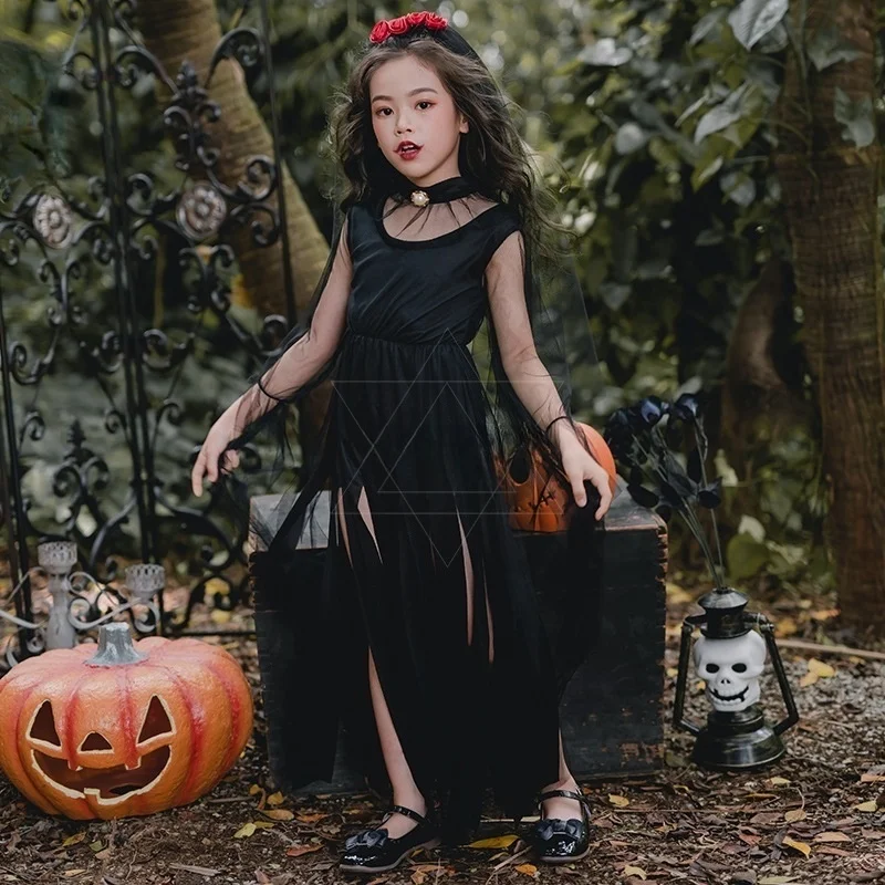 Halloween costume for kids Ghost Bride Costume Bride Zombie Dress Girls Black white Witch Costume Dark Devil GhostBride Dress