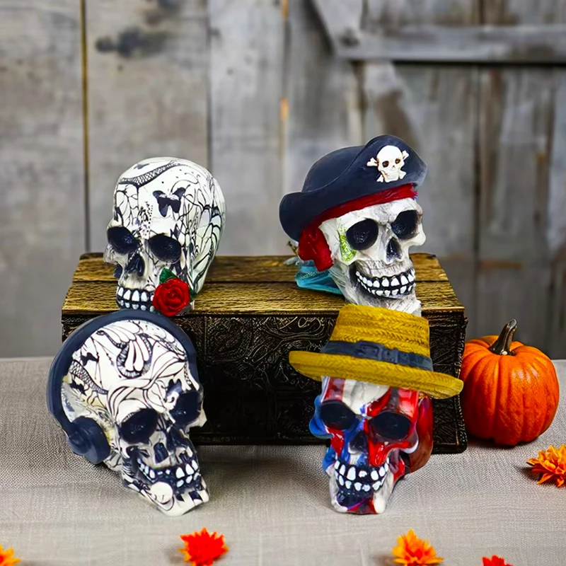 Halloween Decor Accessories Artwork Crafts Mini Skeleton Figurine Resin Sugar Skull Statue Decor