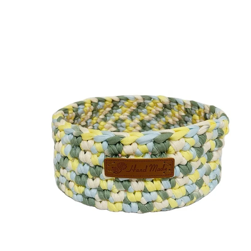 Crochet Patterns Cloth rope Woven Storage basket with PU leather bottom small goods storage organizers