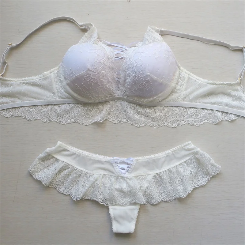 
Wholesale New Design Women Triangle Underwired Bra And String Set Lace Skirt Crossed Satin Neck Bows 