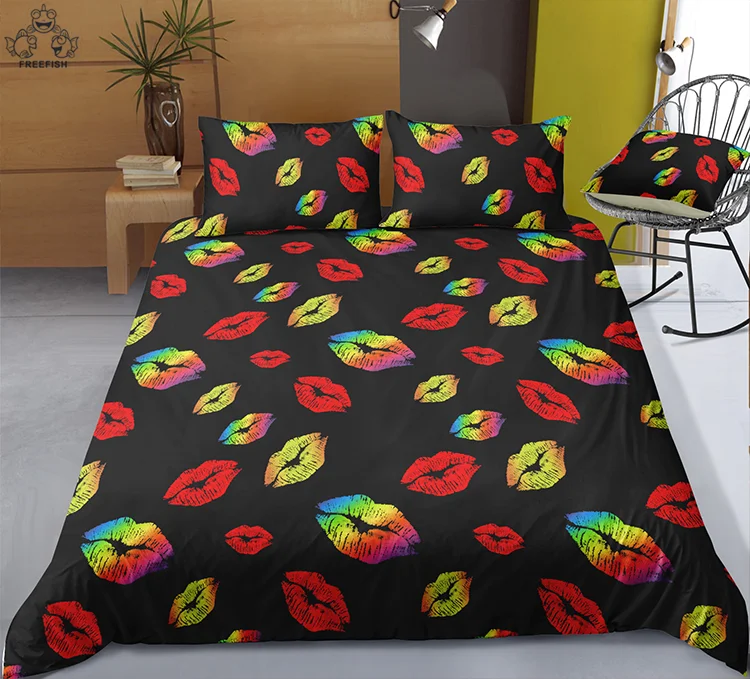Duvet Cover Full Size, Romantic Couples Red Lips Kiss Printed Quilt Cover Set, for Valentines Day Wedding Decorations