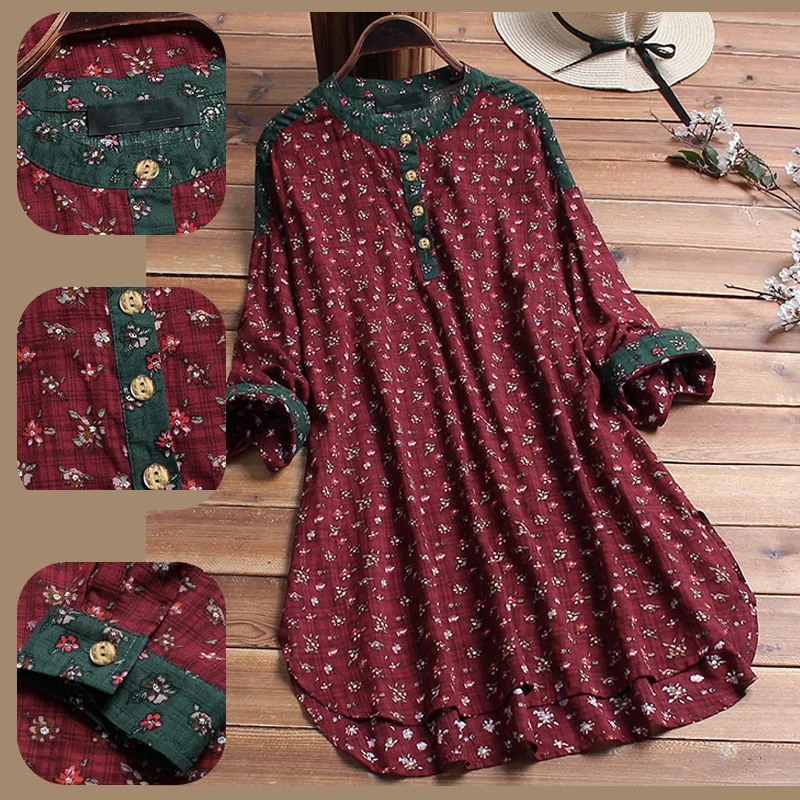 Printed Top Long Tunic Block Pointed-Hem Scoop Neck Tunic Women Printed Top Floral Tops for Woman