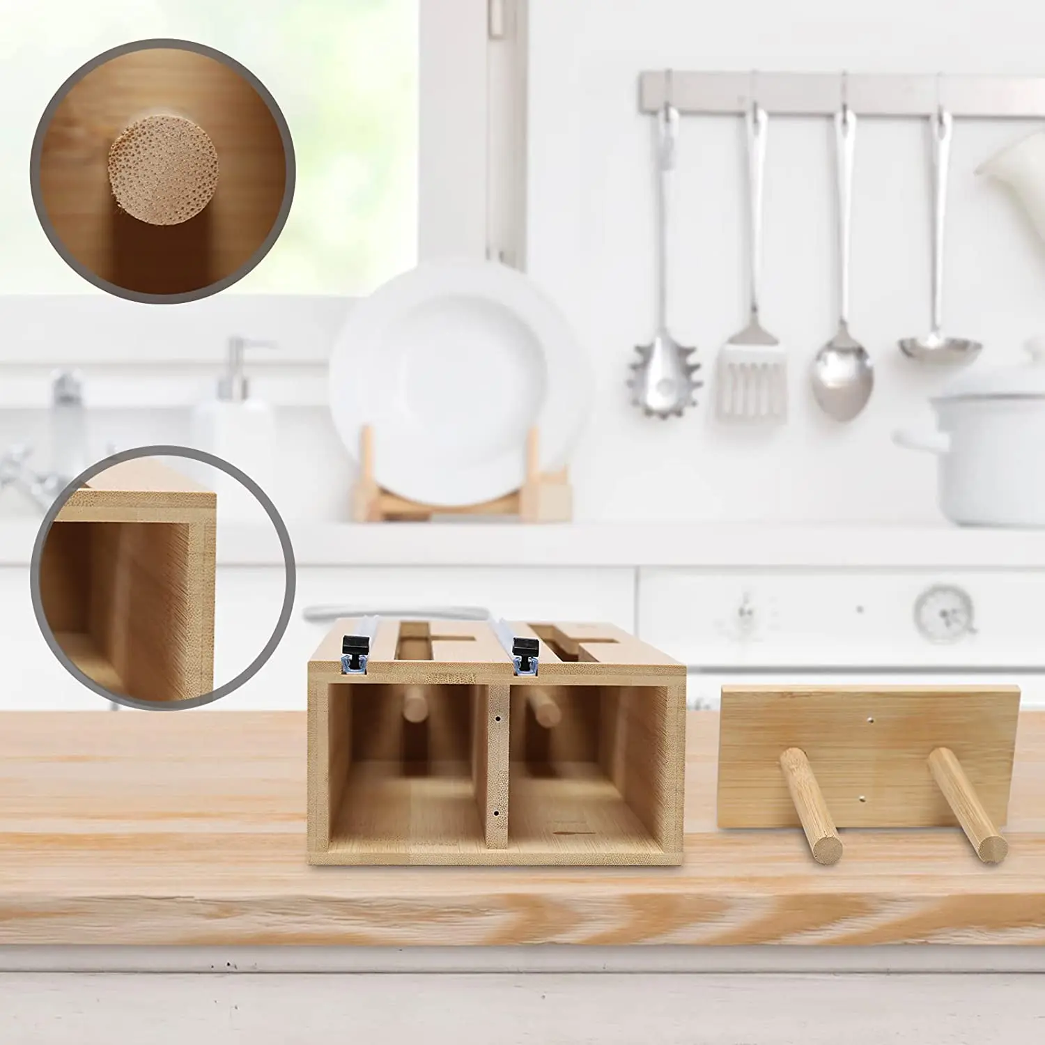 2 in 1 Kitchen Bamboo Wood Tin Foil Wax Paper and Plastic Saran Cling Wrap Organizer Dispenser Holder with Cutter for Drawer