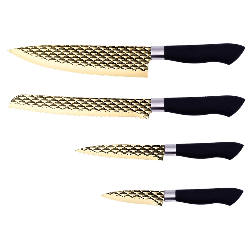 2024 New Design Promotional Gift Diamond Pattern Gold Titanium Embossing Blade Stainless Steel Kitchen Knife Set With Gift Box