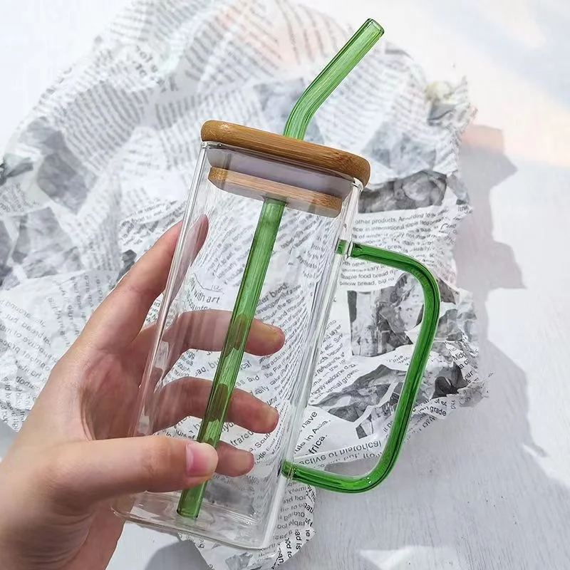 Factory Price Glass Tumbler with Straw Square Glass Mug with Color Handle Borosilicate Glass Can Cup with Lid and Straw