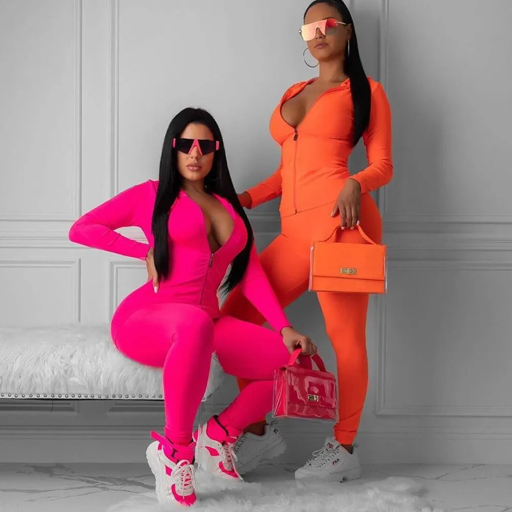 
RS738 Neon Orange Women Two Piece Outfits Sports Tracksuits Fall Long Sleeve Zip Up Sweatshirt Sweatpants Suit Set 