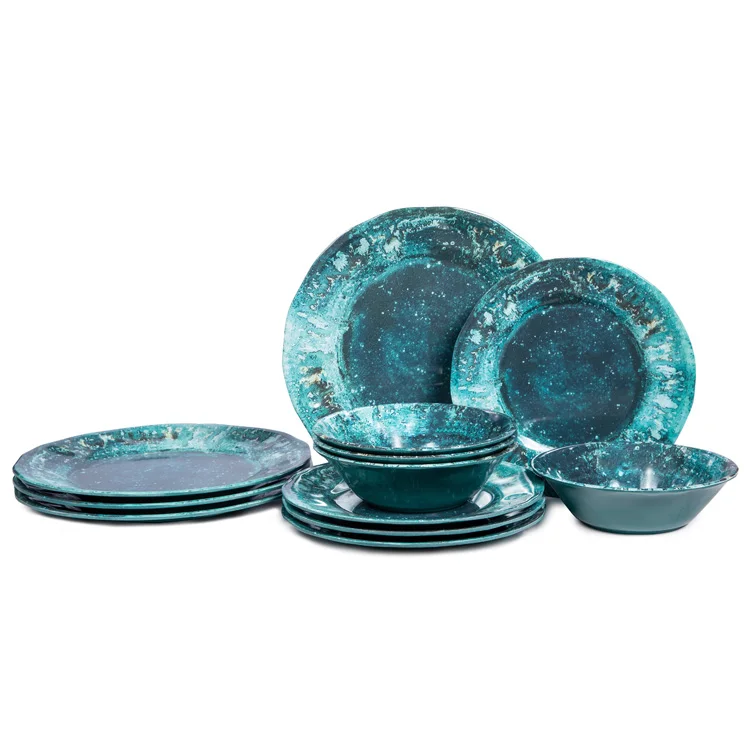 Yemek takimi 12pc dinerware set tableware with salad bowl, high end melamine peacock green place dinnerware set