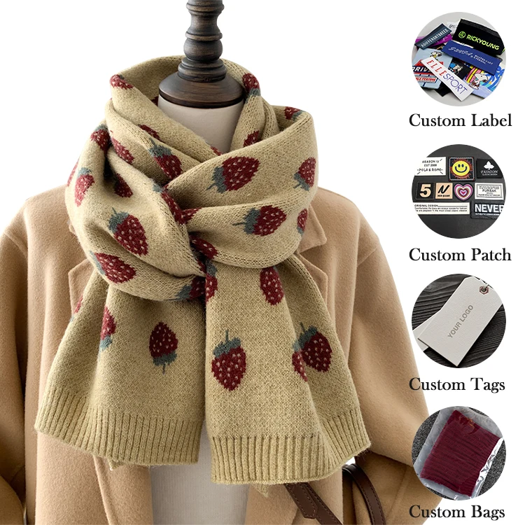 OEM customized man and women winter thickened wool warm knitted scarf jacquard Strawberry knitwear scarf