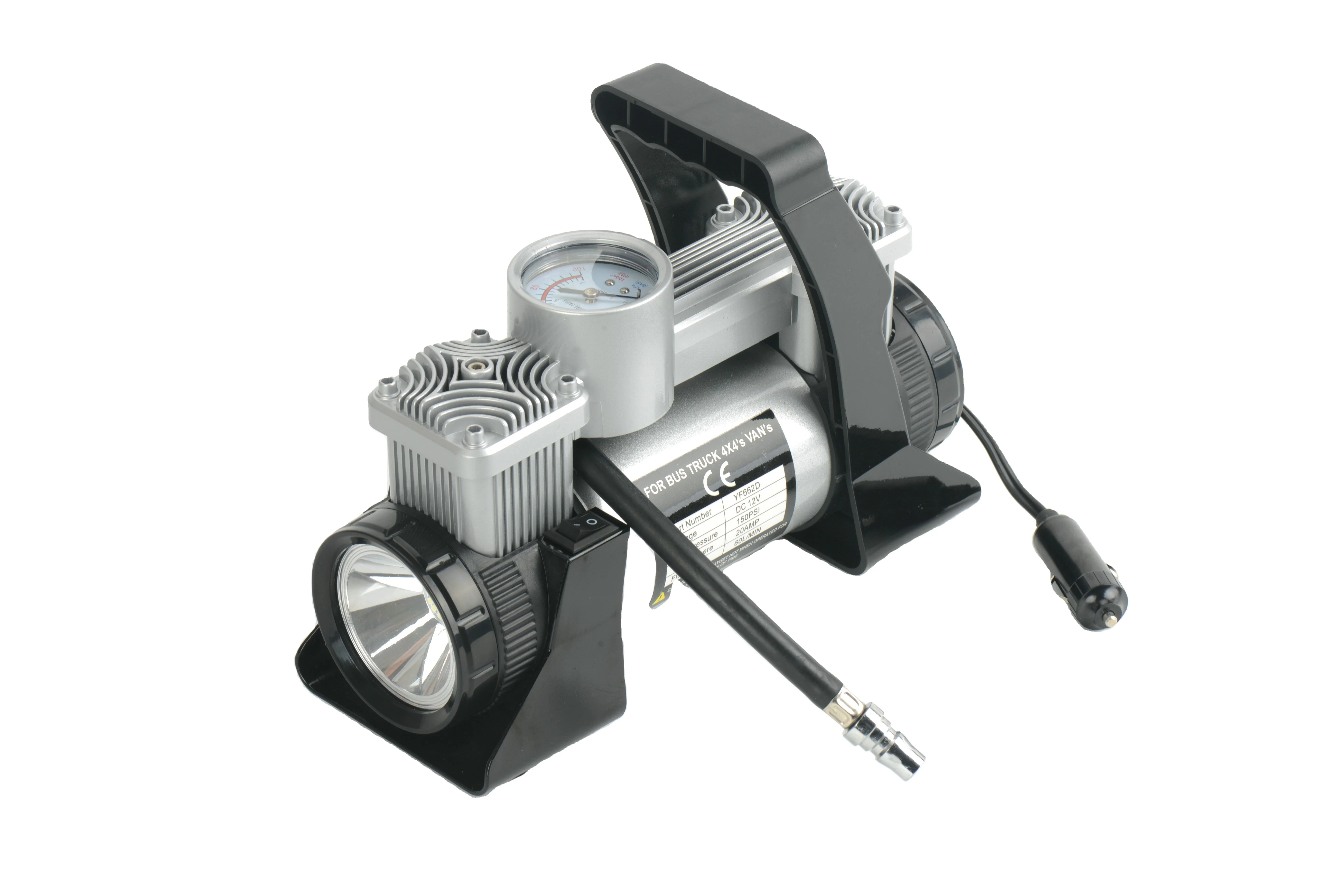 car air compressor with LED light DC12V air pump double cylinder 150PSI  metal pressure gauge