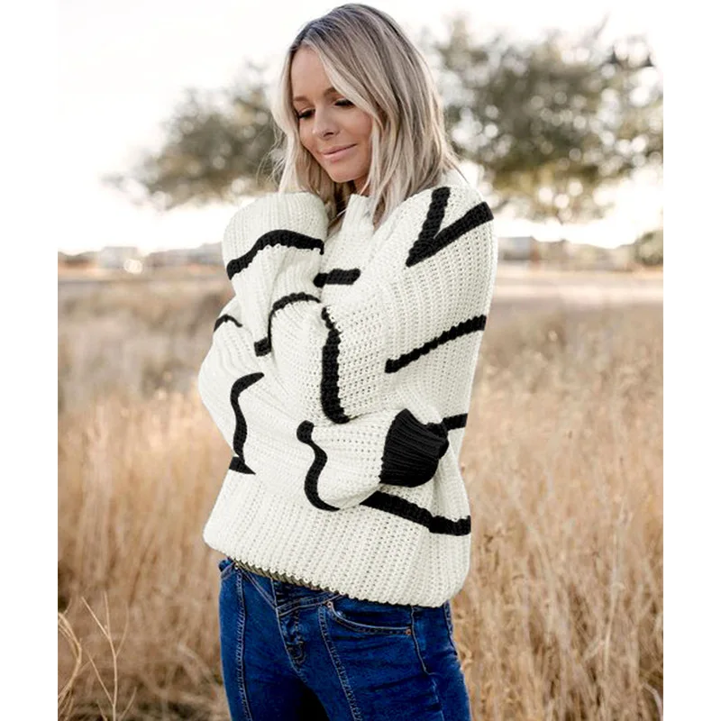 Точечные светильники 2021 зимнее женское платье с круглым вырезом; Свитер в полоску; Свитер, свободный женский модный топ плюс размер свитера