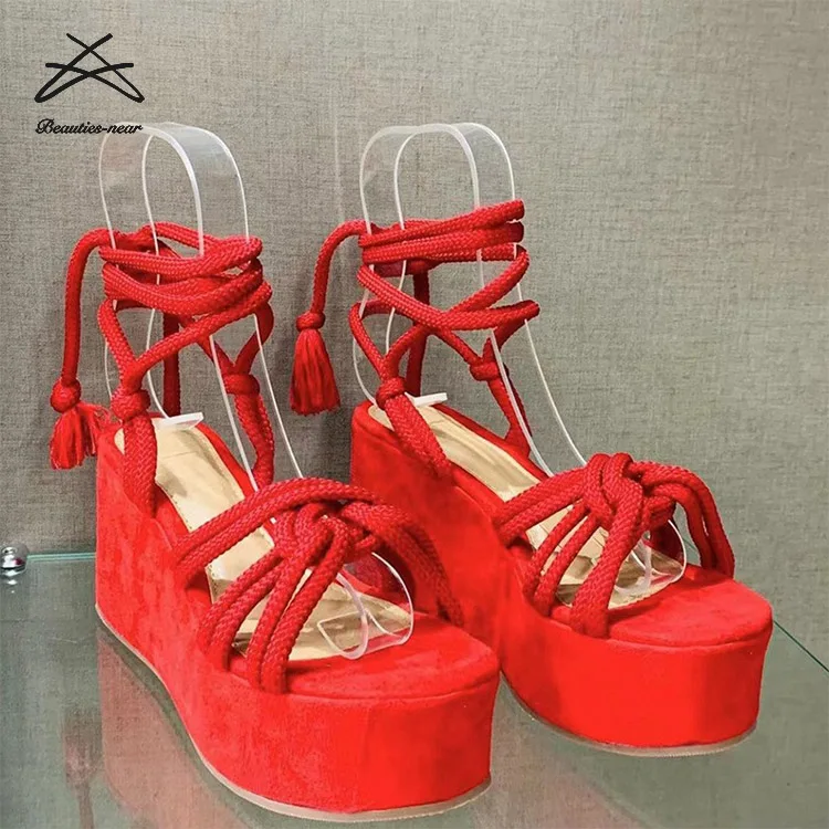 2022 New Platform Sandal Women Shoes Lace Up Plus Size Striped Wedge Sandals Womens Summer Chunky Outdoor Heeled Sandals