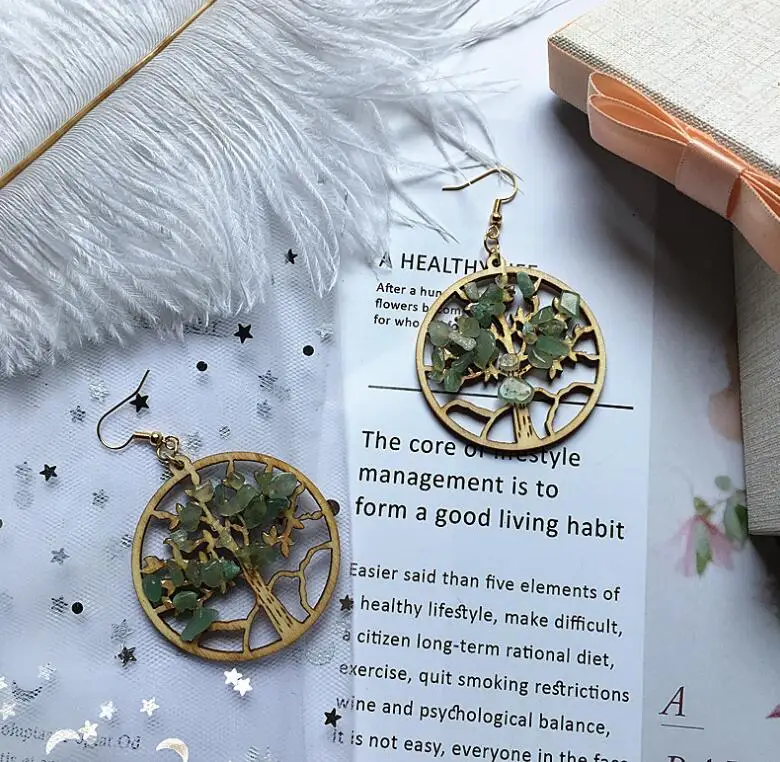 
wholesale vintage wood earrings jewelry fashion wooden flower dangle earrings statement natural stone earrings for women 