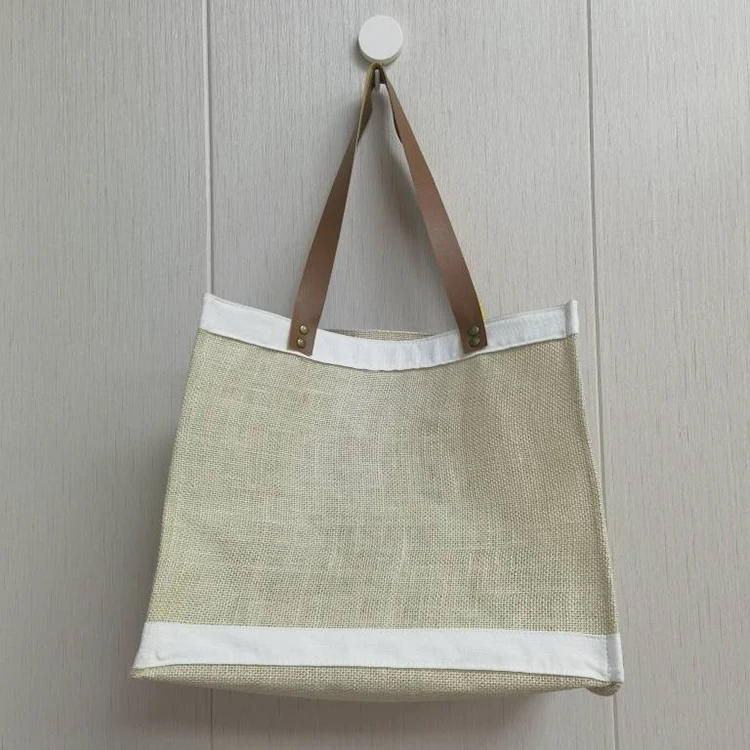 Shoulder Leather Bamboo Handle Eco Friendly Custom Plain Recycled Extra Large Bulk Wholesale Jute Beach Bag