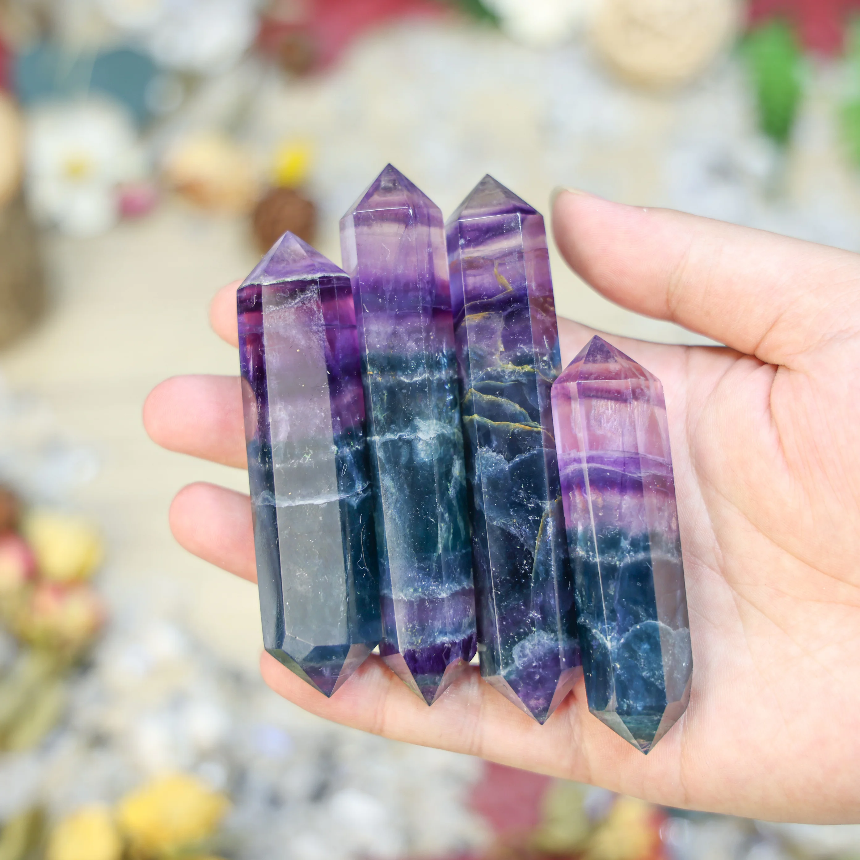 Wholesale Natural Custom tower Gem Crystals point wand magic Hexagonal prism rainbow fluorite DT point Healing stone
