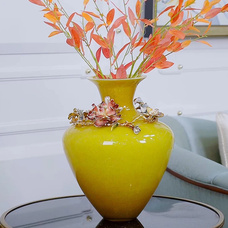 SANLOREN Kitchen Accessories OEM modern luxury home decor enamel yellow flower colored glass vase for home table decorative vase