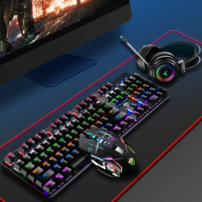 Hot Sale 4 In 1 Gaming Keyboard And Mouse Headphone Combo For Pc Gamer Wired Rgb Light Strip Led Backlit Mechanical Keyboard Set