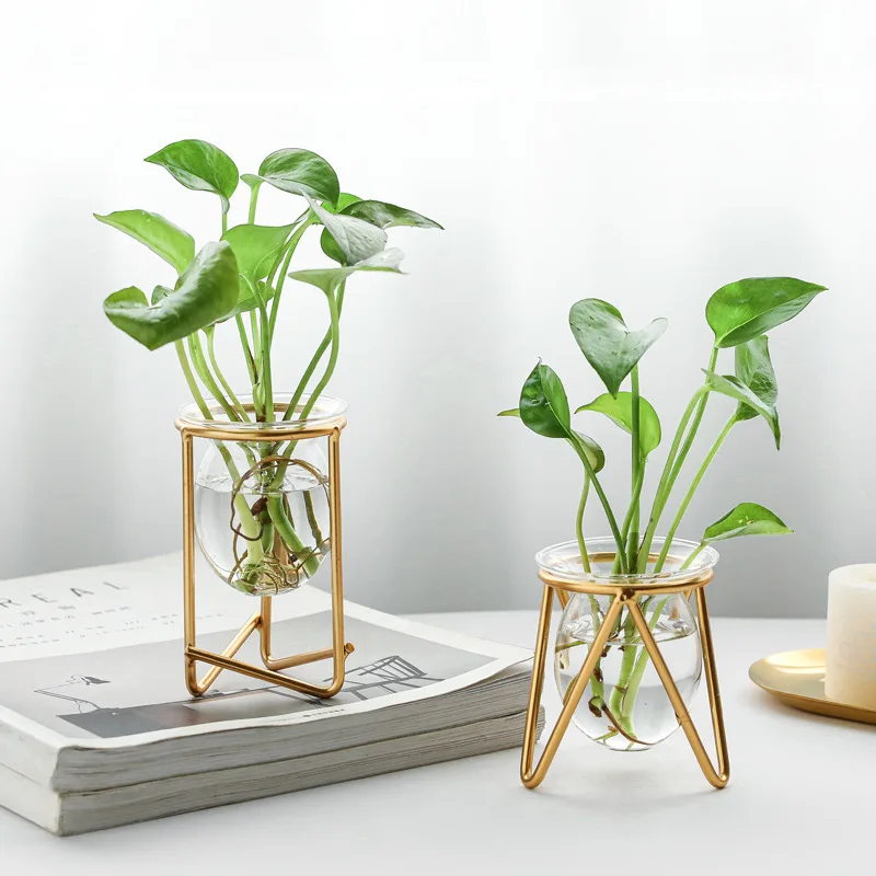 Маленькая Скандинавская ваза для цветов terrarium стеклянная с геометрической металлической стойкой подставка металлическая офисного декора