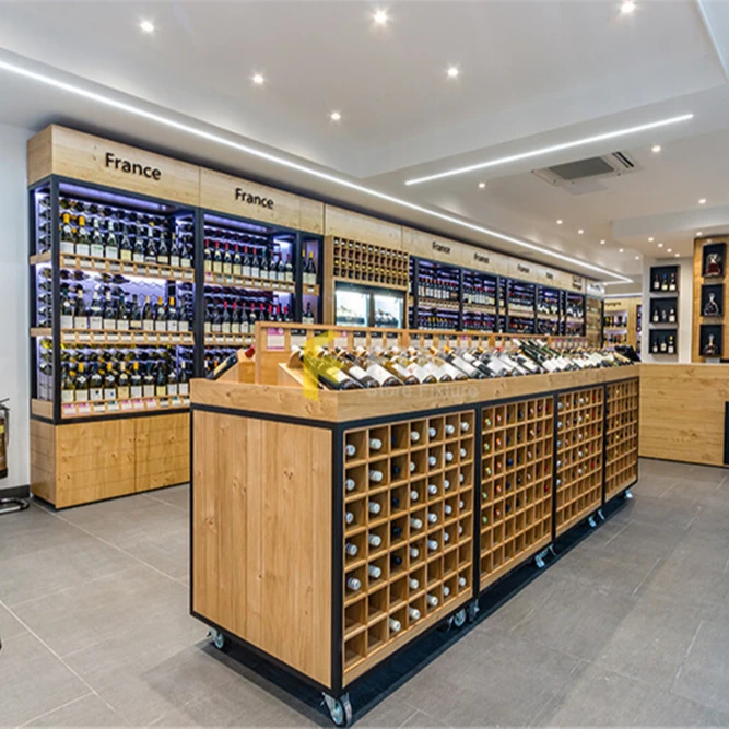 Retail Wine Shop Interior Design Decoration Wine Store Custom Shop Wooden Metal Shelf Rack Wine Display Cabinet