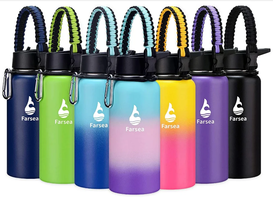 40oz 32oz  Stainless SteelInsulated Water Bottle with Straw Lid & Spout Lid & Paracord Handle Wide Mouth Double Wall Sweat-Proof