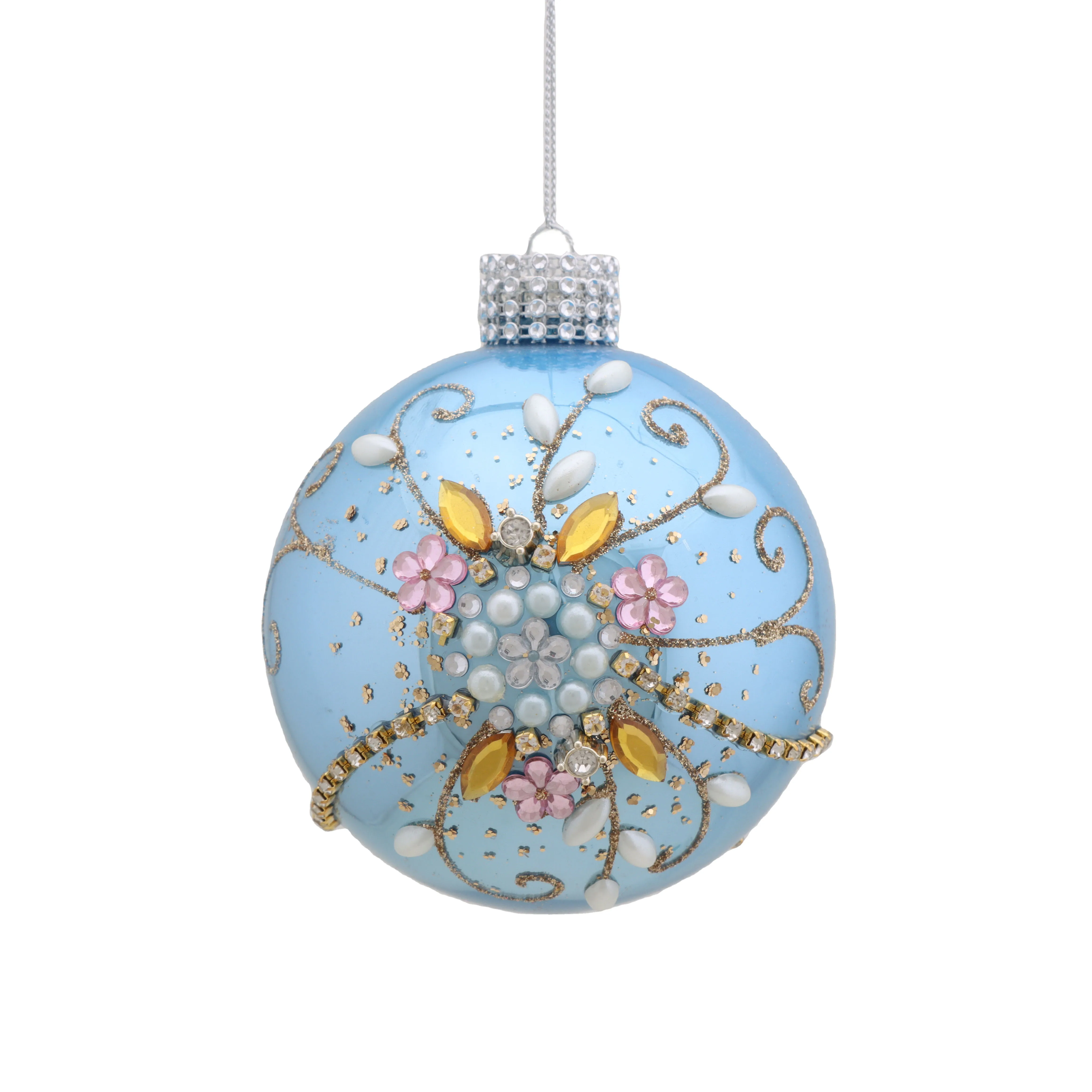 Top Quality Christmas Glass Ball Ornament Silver Glass Bauble Globe Sphere With Flowers For Xmas Tree Decoration
