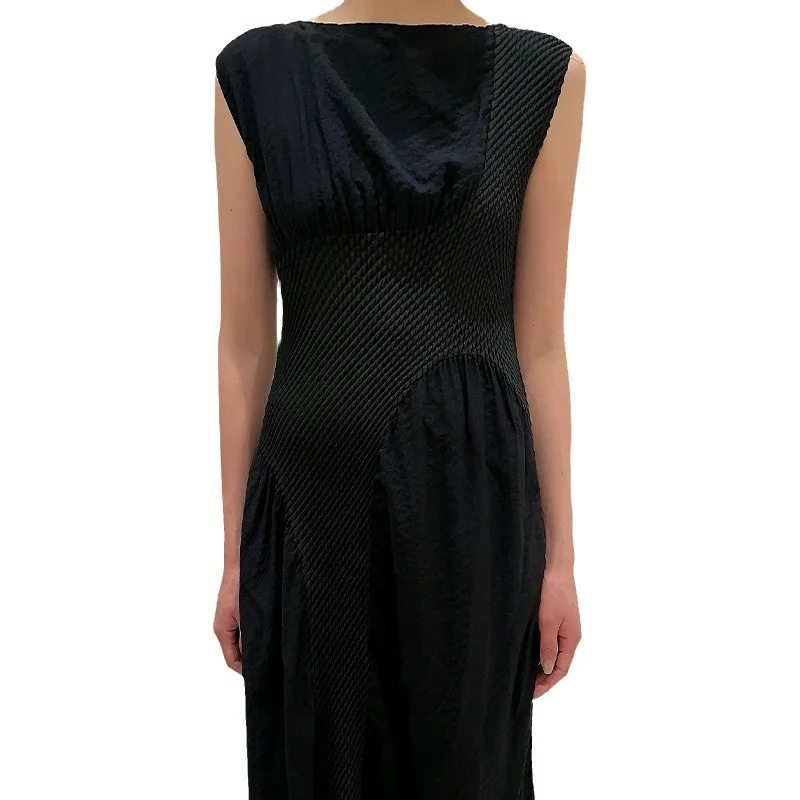 Pleated Dress Black Slim Comfortable Breathable Fashion Summer High Waist Midi Dresses
