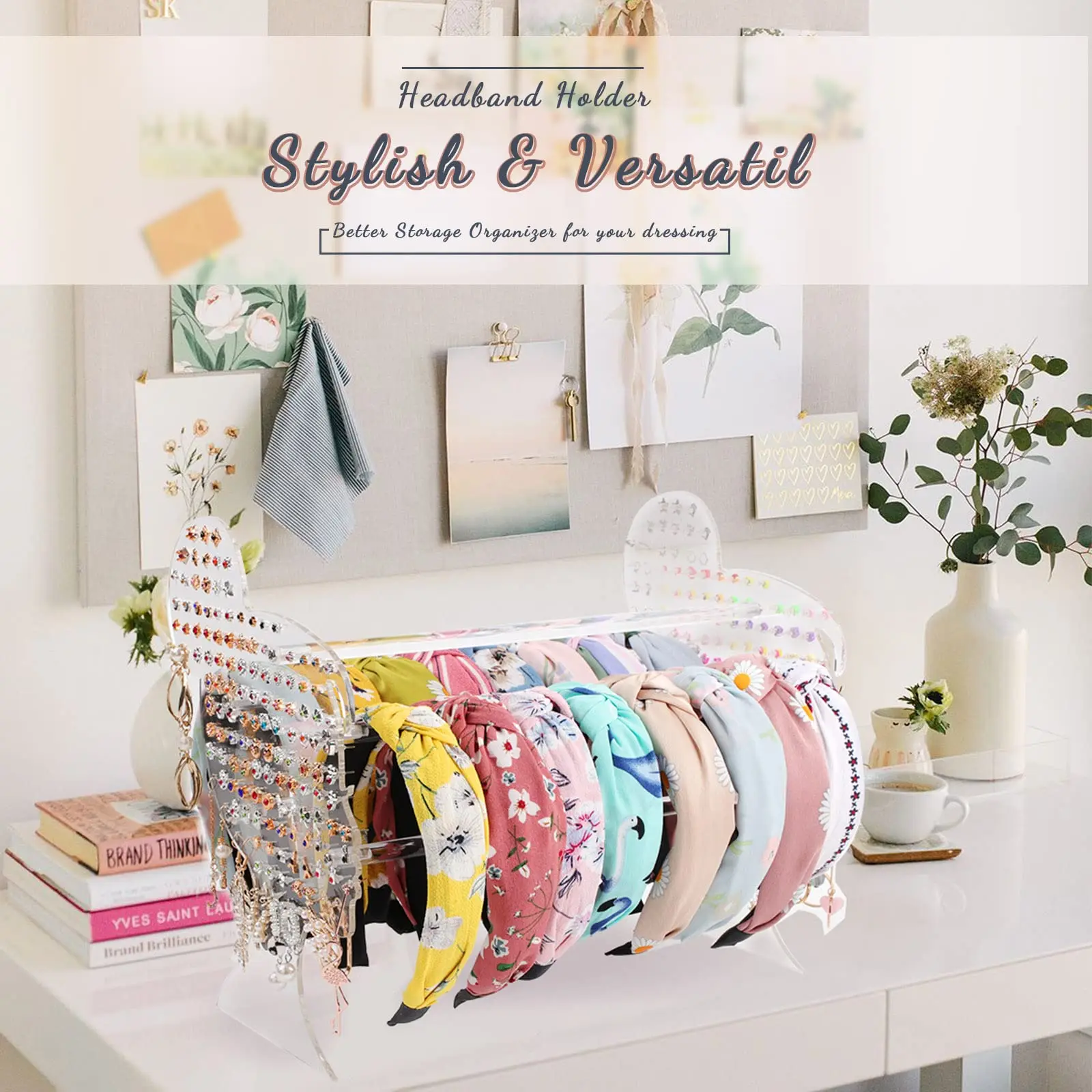 Headband Holder with Earrings Organizer, 274 Holes Acrylic Clear Hairband Display Stand Hair Hoop Rack Storage