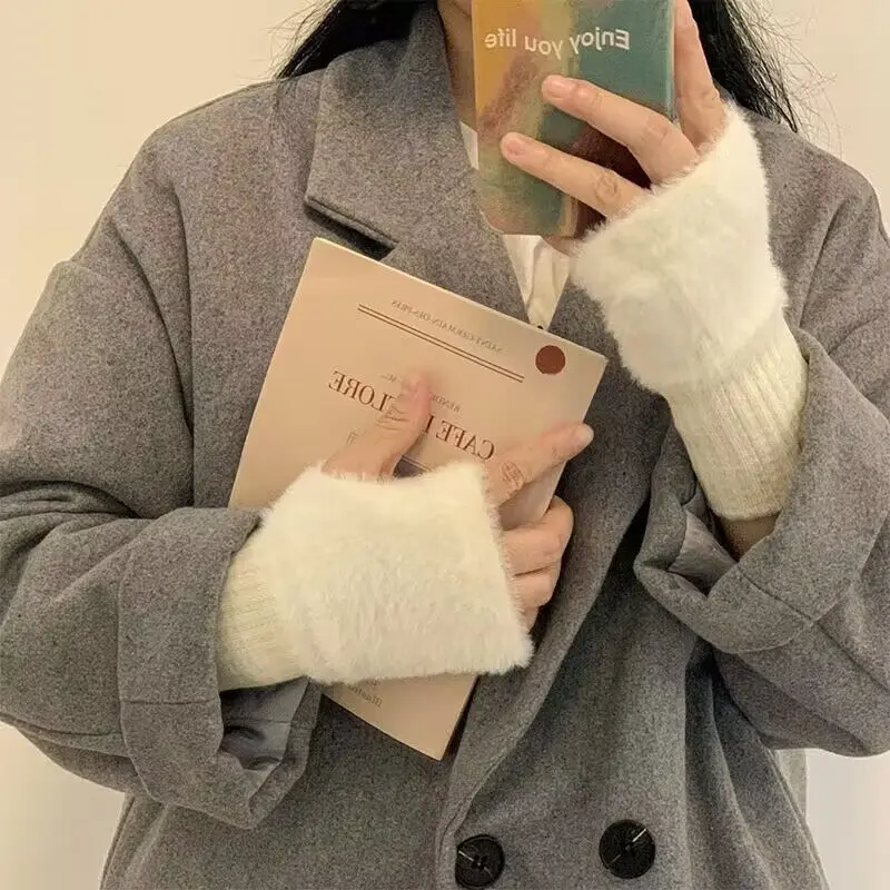Warm Woolen Half-finger Gloves Female Winter Plush Knitted Wrist Protection Hundred Touch Screen Office Students Writing Gloves