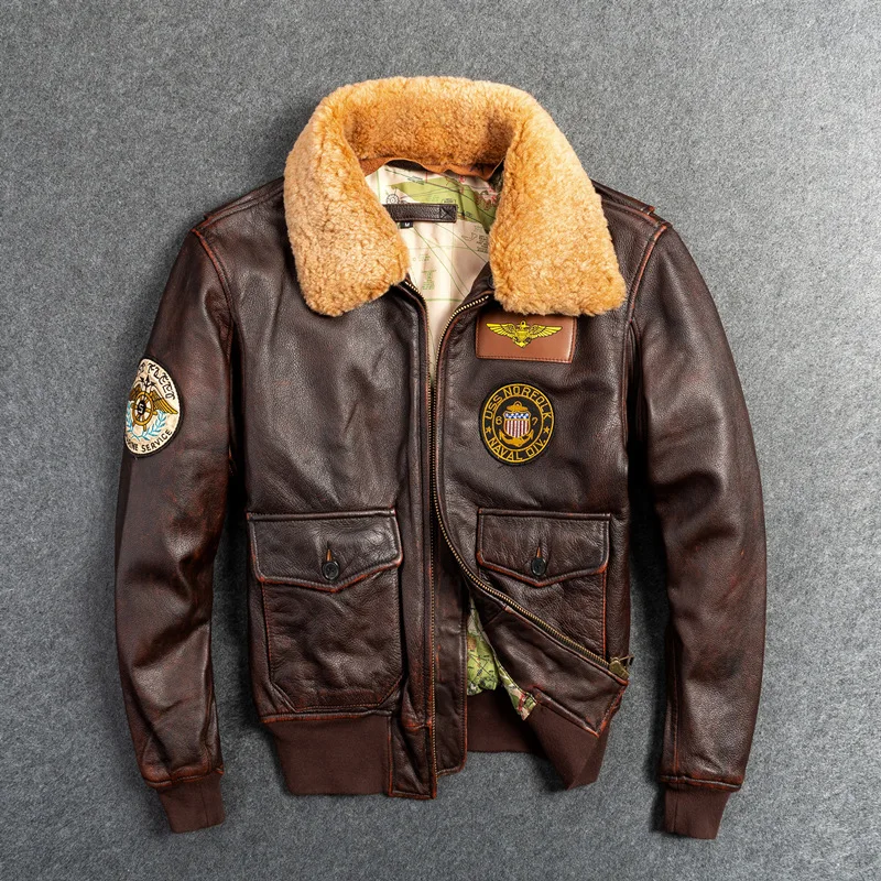 PDEP plus size 5XL military mens pilot jacket and coat brown genuine leather fur collor bomber winter jacket for men