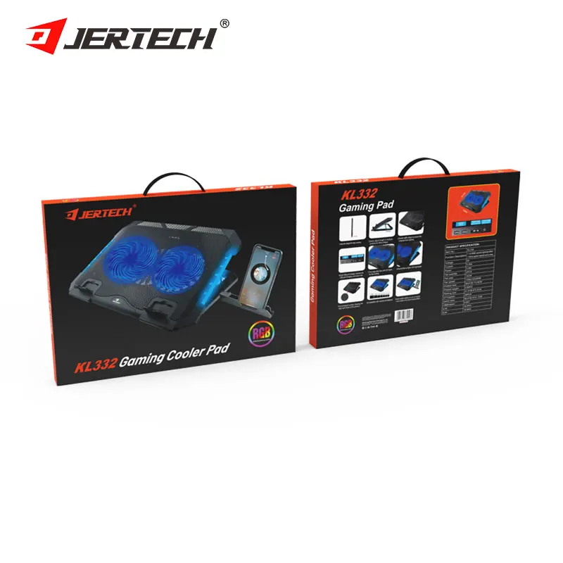 JERTECH Brand KL332 Cooler Pad with Phone Holder Adjustable Aluminum Laptop Stand RGB Foldable Computer Cooling Fans for Laptop