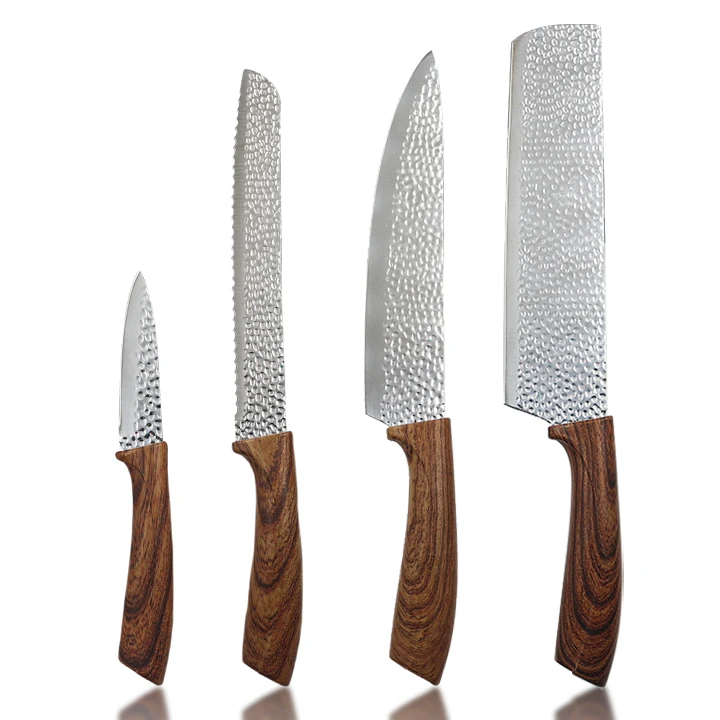 4pcs New Design Hammered Blade Kitchen Knife Swiss Premium Kitchen Knife Set with Wooden Handle for the Kitchen