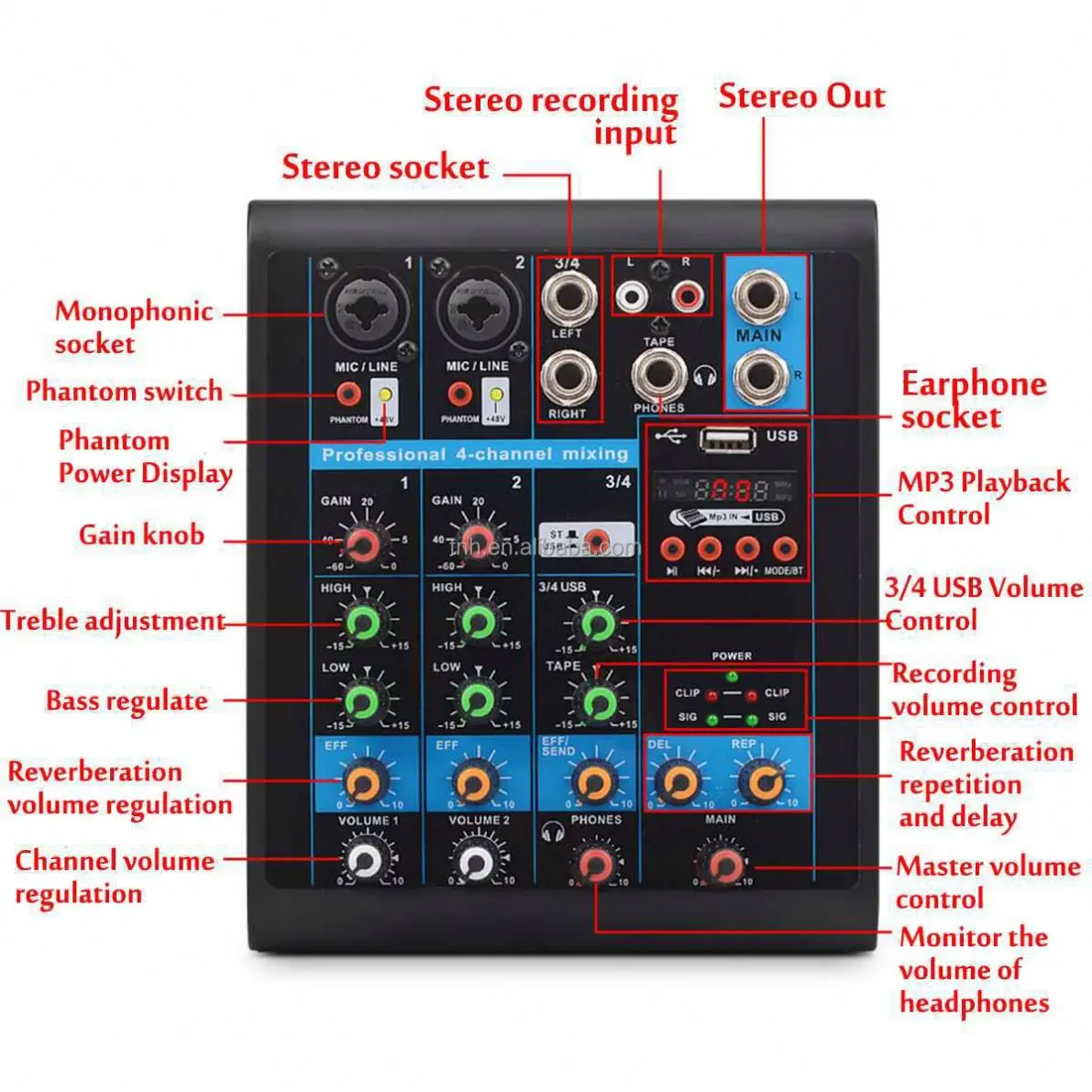 KR-4 4-Channel DJ Audio Mixing Console Support Blueteeth Monitor 48V Power for Karaoke Party Recording Webcasting
