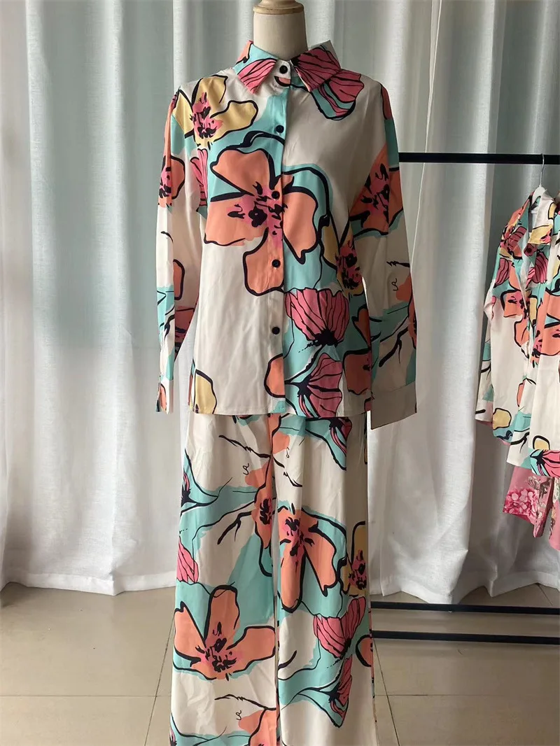 RedPeony Fashion Casual Two Piece Suit Women Loose Wide Legs Trousers Suits 2024 Long Pant Sets Print Shirt Two Piece Set