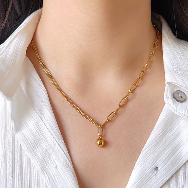 18k Gold Plated Stainless Steel Necklace Double Layer Chain Stitching Clavicle Chain Ball Pendant Necklace Jewelry