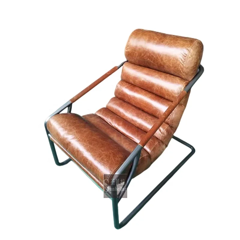 loft industrial forged metal antique green genuine leather arm chair hotel living room reclining chair single seat sofa
