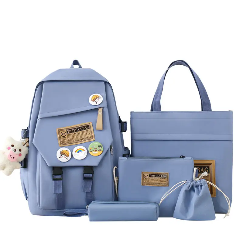 ODM New Arrival 5 In 1 Fashion Canvas College Student School Laptop Book Bag With Lunch Cooler Bag Pencil Cases Purse