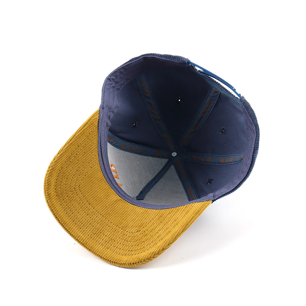 5 Panel Corduroy Baseball Cap Custom Gold 3d puff embroidery logo Adjustable Strap Two Tone Gorras Corduroy Dad Hat