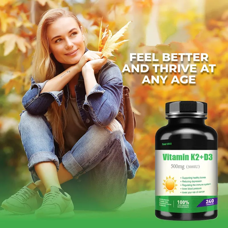 OEM/ODM/OBM Vegan Vitamin K2 Vitamin D3 Softgel Capsules Vitamin K2 MK7 Softgel 5000IU Vitamin D3 K2 Capsules Support Heart