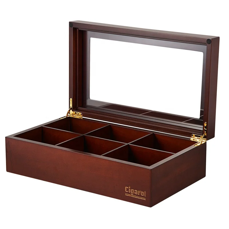 Customized6 Grid Wood Tea Box Organizer Container Wooden Storage Compartments Cabinets Retro Coffee Tea Candies Bag Holder