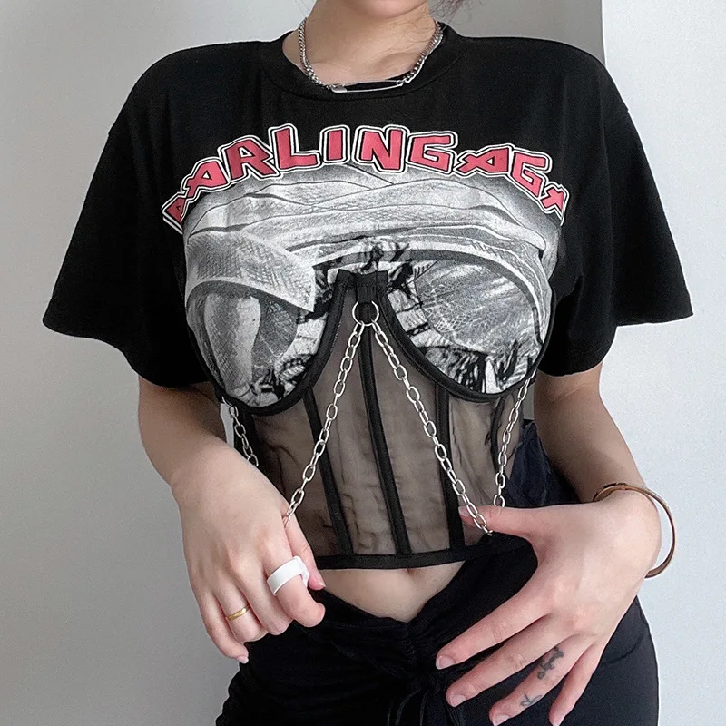 summer tops women Fake two pieces printed chain splicing Tulle short-sleeved T-shirt sexy navel round neck hot girl tops