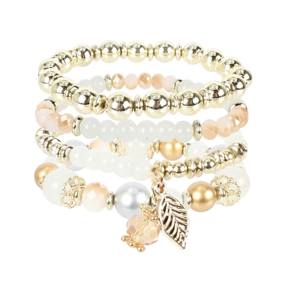 
2021 Multilayer Candy Bead Elastic Bracelet Multi-layer CZ Leaf Pendant Bead Bracelet 