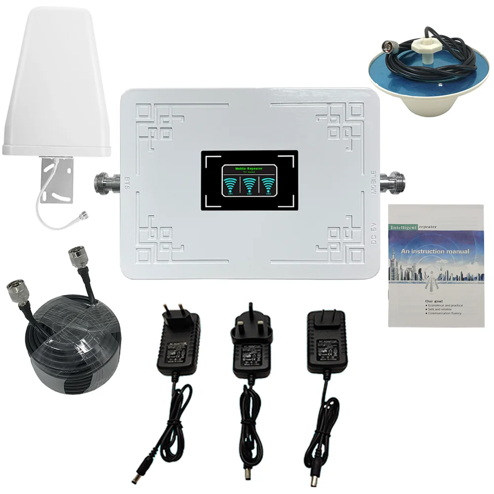 Настраиваемый мобильный ретранслятор 2 / 3 / 4G трехдиапазонный усилитель сигнала 900 / 1800 / 2100 МГц с антенным кабелем